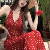 紅色波點V領掛脖性感露背長裙氣質高級感度假洋裝女夏新款