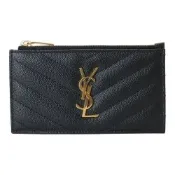 YSL-金字Logo 山形紋皮革拉鍊卡片/零錢包(黑)