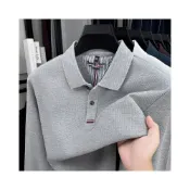 (店+)polo衫男透氣排汗速乾長袖棉秋季長袖polo衫男商務休閑簡約純色翻領t恤防皺彈性翻領涼感衣t恤休閒運動高爾夫球衫中年上衣男運動T恤衫