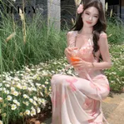 IELGY 度假風蝴蝶印花無袖洋裝緊身收腰魚尾裙長裙