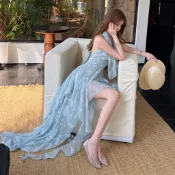 【林哈哈 studio】女洋裝 落日蔓藤氣質掛脖洋裝 高腰顯瘦拼接魚尾長裙 修身連衣裙 魚尾裙擺設計 氣質優雅長裙 高級