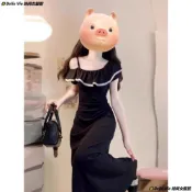  🌟新品免運🍀黑色斜肩荷葉邊吊帶露背長洋裝 收腰修身長裙剪裁 吊帶露背小黑裙 夏季輕熟氣質 荷葉邊斜肩領型