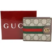 GUCCI 古馳 Ophidia GG 綠紅綠織帶老花對折短夾(烏木色)