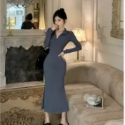 韓版秋季新品街頭潮流素色長裙女裝緊身翻領長袖中長款魚尾洋裝