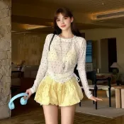 Gwenny Sweet Polka Dot 女士保守收腹遮蓋長袖度假溫泉泳裝