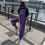 紫色扣環吊帶褲