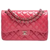 【CHANEL 香奈兒】經典雙C LOGO漆皮銀鍊JUMBO COCO包(展示品-蜜桃粉-30cm-58600V-PINK-SS)