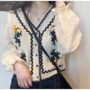 （時尚單品手勾雪紡長袖）🌺洋氣常春藤花朵外搭刺繡V領雪紡長袖🌺