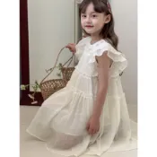 【120-150 】女童 公主洋裝 氣質連衣裙 花邊飛袖 露背天絲  米杏色