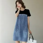 [韓國K.W.]韓國丹寧牛仔天使誘惑拼接假二件優雅洋裝(小香風/輕量/洋裝/休閒/日系/通勤/渡假)