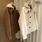 初色 簡約風純色毛呢針織假兩件連帽長袖外套女外套-共2色-38688(M-4XL可選)