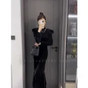 斬男穿搭 超級吸睛 顯瘦魚尾穿搭  赫本風垂墜感泡泡袖絲絨連衣裙女秋冬高級感氣質名媛長款魚尾裙子 S 0923