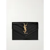 【YSL】專櫃經典款MONOGRAM系列V字縫線魚子醬牛皮金屬LOGO暗釦零錢包/手拿包(金色金屬)
