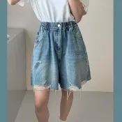 【Want-Meow】90公斤可穿/百搭不悶熱刷破褲鬆緊牛仔短褲牛仔褲(大碼/大尺碼/加大碼/牛仔短褲)