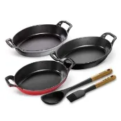 【STAUB】琺瑯鑄鐵橢圓烤盤24cm+矽膠油刷+分菜匙(德國雙人牌集團官方直營)