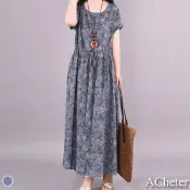 文藝小碎花棉麻抽繩收腰長洋裝109086