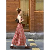 【韓係綁帶洋裝】歐膩氣質  夏日度假風紅色格紋印花大露背綁帶設計長版顯瘦百搭外穿連衣裙女  連衣裙0629 PDUL