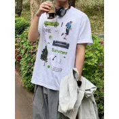 【K-2】美式休閒風 SUMMER 夏日 愜意 休閒短T 純棉 短袖 上衣 渡假風 BUS 復古圖像 Y2K【KN20】