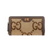 【BreezeOnline 微風精品線上】Gucci Diana 竹節系列緹花布及皮革ㄇ形拉鍊長夾(棕色)