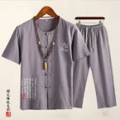  MIT 麻紗短袖汗衫七分褲套裝 阿公夏季居家服 爸爸透氣薄款休閒衣 夏季中年男裝棉麻套裝中老年人爸爸夏裝短袖寬鬆爺爺休閒