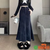 長裙 半身裙 魚尾裙 包臀裙 修身顯瘦  雪尼爾魚尾裙半身裙2025冬季新款高腰顯瘦中長款a字裙復古長裙女