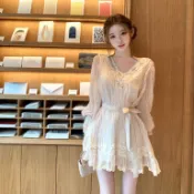 韓版秋季新品聚會派對粉色雪紡洋裝女裝寬鬆V領蕾絲拼接長袖A字洋裝
