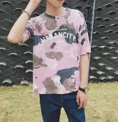 FINDSENSE服飾 FINDSENSE MD 時尚 男 潮 休閒 寬鬆 圓領 迷彩字母印花 學生短T 短袖T恤 特色短T