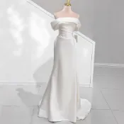 法式一字肩緞面婚紗新娘魚尾裙 FC687