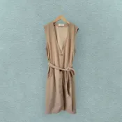 *♡*灰米色 簡約長版背心罩衫/背心外套/附腰帶 近新 二手《Anna的百寶箱》