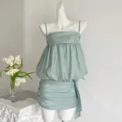 韓系純欲風 皺感細肩帶洋裝 花苞抽皺包臀短裙 溫柔約會渡假短洋裝 雙色可選