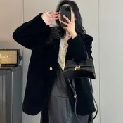 【台灣現貨】羊毛皮草V領黑色羊羔毛羊剪絨西裝款外套女2024秋冬皮毛一體大衣
