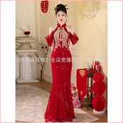 🔥【台灣熱賣】 新中式敬酒服新娘2026新款紅色魚尾裙旗袍高級感結婚訂婚婚禮服裝女夏