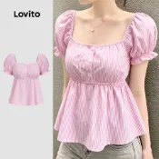 (New Arrival) Lovito 休閒荷葉邊鈕扣休閒春季/夏季粉色女式襯衫 L200AD179