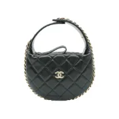 【BreezeOnline 微風精品線上】Chanel 菱格羊皮淡金釦手提彎月包(AP3095-黑)