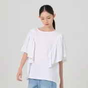 【ERSS】女裝 短袖 女生 t恤 短袖上衣 寬版上衣 慵懶風 飄飄 荷葉袖米白【K70295】