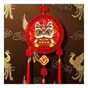 【摩達客】春節開運招財 精緻立體舞獅波浪緞布底紋原木流蘇吊飾掛飾