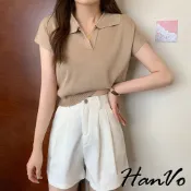 【HanVo】POLO縮腰針織衣 短版上衣 素色上衣 白色上衣 小個子 短袖針織 韓系女裝 女生衣著 A01-0120