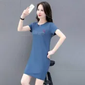  (店+)洋裝女連身裙白色大尺碼短袖休閒顯瘦收腰時尚氣質寬鬆質感夏天運動修身媽媽直筒高腰宴會婚宴優雅韓版長洋裝禮服連身裙子女裝上衣