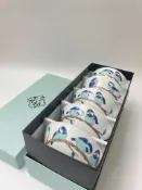 古瓷堂日本回流瓷器 【九谷燒古董山雀鳥釉下彩五客飯碗】日本原盒裝 青郊手作 高級陶瓷餐具 收藏送禮 茶具 中古海外回流