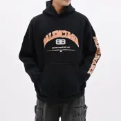 BALENCIAGA 英字LOGO口袋薄刷毛長袖帽T.黑