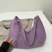 喜挖2店 簡約純色輕便尼龍布餃子包大容量健身通勤單肩斜後背包褶皺月牙包