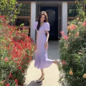 白色方領洋裝女2022夏新款緊身顯瘦小眾設計泡泡袖長款魚尾裙子