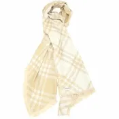 【BURBERRY 巴寶莉】200x65CM 寬版格紋羊毛絲質流蘇圍巾-沙色x淡灰黃褐