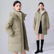 (店+)羽絨外套女防風防水棒球衝鋒衣運動保暖連帽飛行風衣白鴨絨輕羽絨防寒發熱加絨中長版耐磨休閒登山工作寬鬆機能滑雪大碼商務夾克女