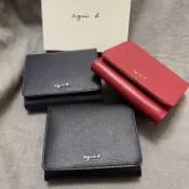 全新 agnes b. 拼接 牛皮 黑色 藍色 紅色 深藍色 防刮 翻扣式 二摺 皮夾 小B 短夾 女用 保證真品 正品