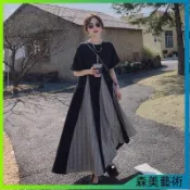 【精選好物】大尺碼洋裝 寬鬆舒適洋裝 胖mm大碼300斤赫本風法式連衣裙夏季拼接假兩件遮肚寬松大擺裙女