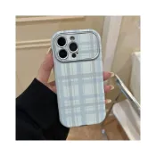 (店+)藍灰線條格子圓邊大視窗貼皮適用蘋果17防摔手機殼iPhone16軟殼12 MMLD0305SJ
