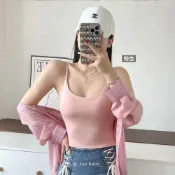 (店+)【FEE BABY】莫代爾細肩帶背心BRA TOP 固定杯 罩杯背心 女上衣 細肩帶背心 bra top 黑色 灰色 卡其色 粉色 杏色
