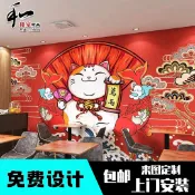 【日式和風手繪】招財貓壁紙 浮世繪壁紙 日式壁紙 壽司料理店壁紙 居酒屋烤肉店麵館墻紙 日本和風