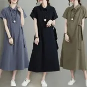 【LANNI 藍尼】現+預 純色翻領綁帶設計棉麻連身長裙(連身裙/連衣裙/百搭/舒適/短袖上衣)